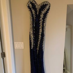 navy blue sequined prom dress